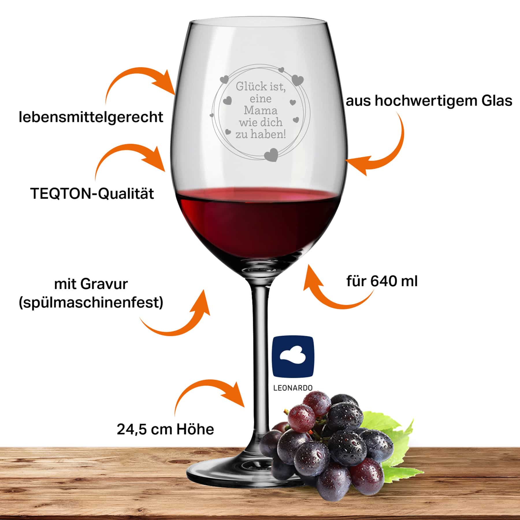 Leonardo Bordeauxglas Rotweinglas DAILY 640ml graviert (Glück Mama)