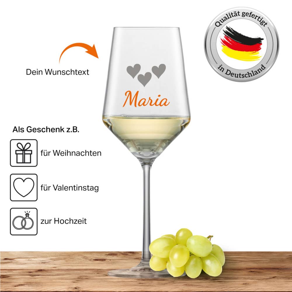 Schott Zwiesel Sauvignon Weißweinglas PURE mit Namen oder Wunschtext graviert (3 Herzen)