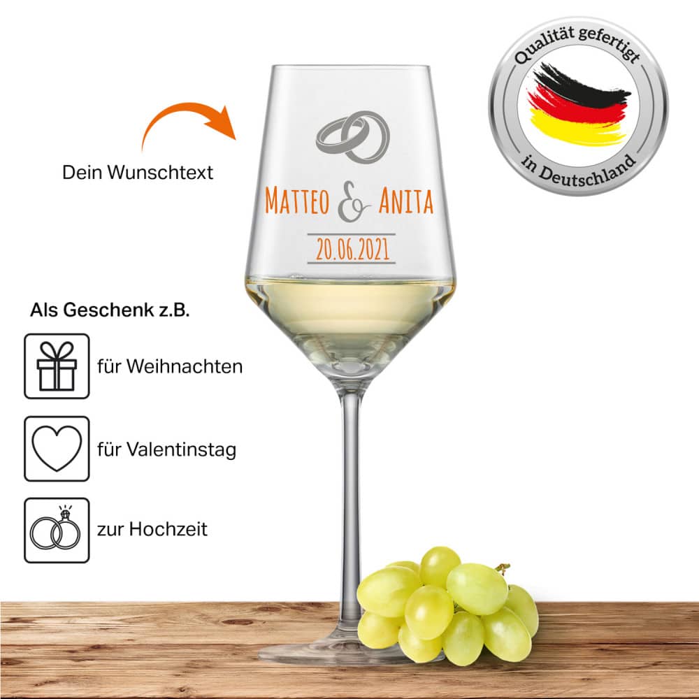 Schott Zwiesel Sauvignon Weißweinglas PURE mit Namen oder Wunschtext graviert (Ringe 02)