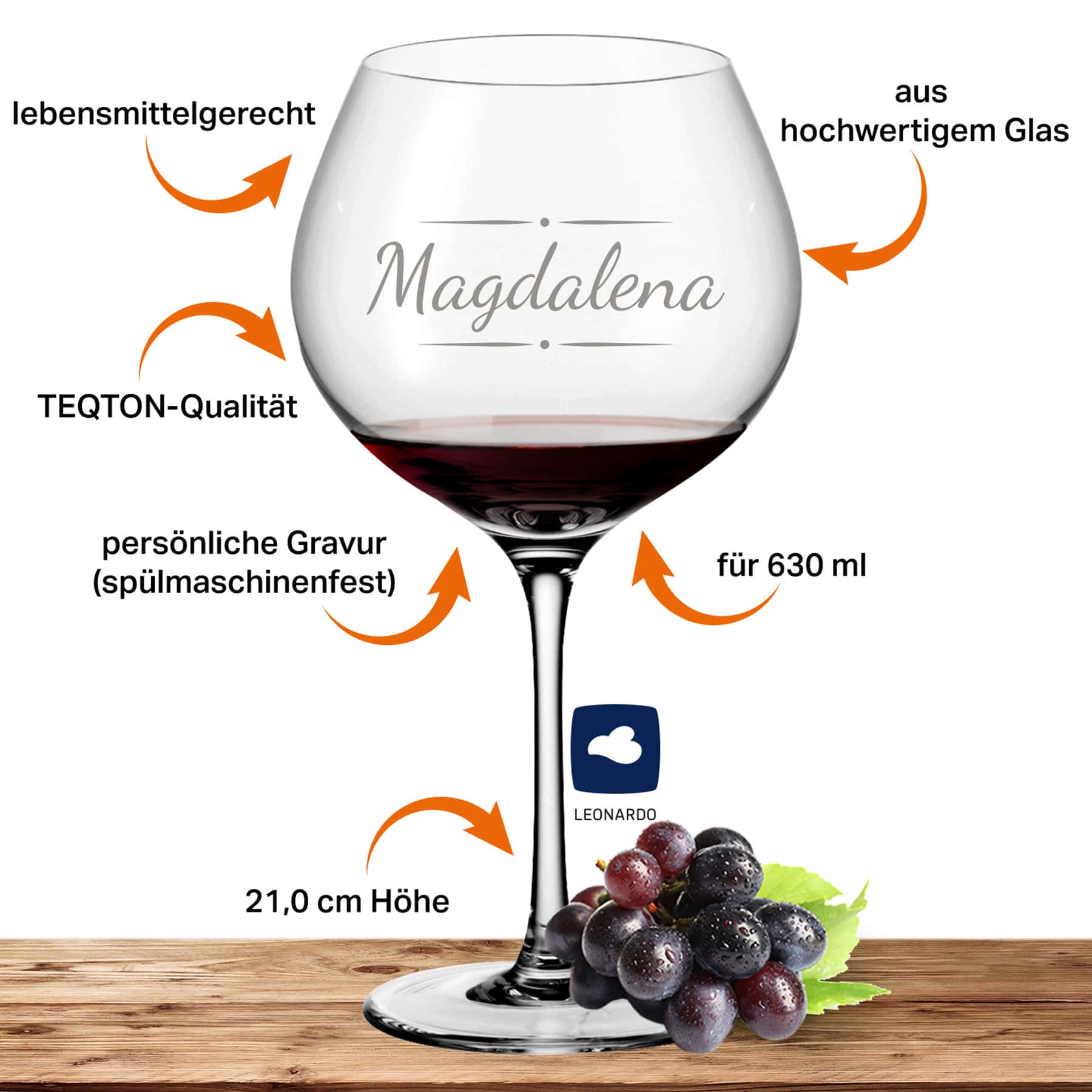 2x Leonardo Burgunderglas Rotweinglas XL mit Namen oder Wunschtext graviert, 630ml, CIAO+, personalisiertes Premium Burgunderglas in Gastroqualität (Verzierung 03)