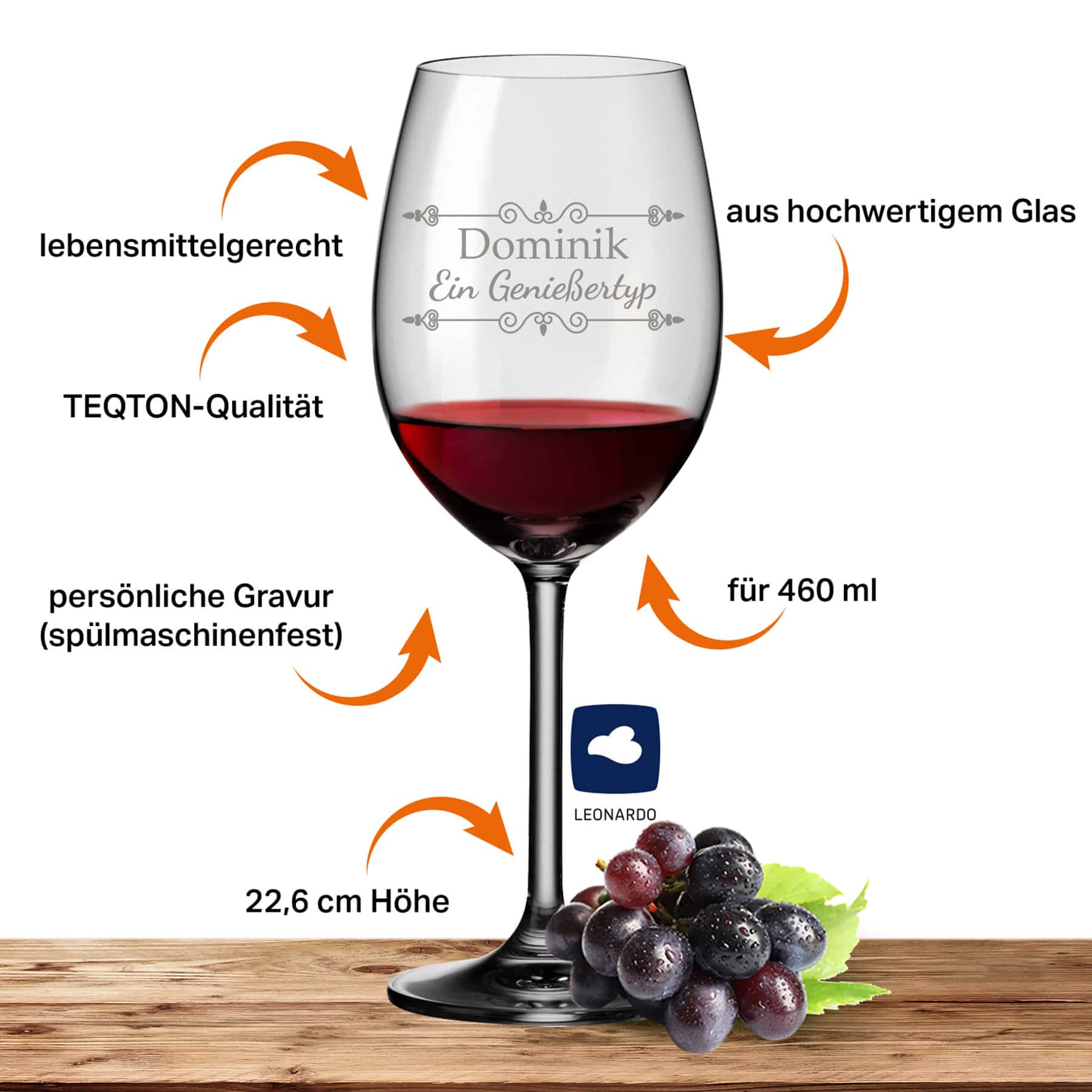2x Leonardo Rotweinglas mit Namen oder Wunschtext graviert, 460ml, DAILY, personalisiertes Premium Rotweinglas in Gastroqualität (Verzierung 01)