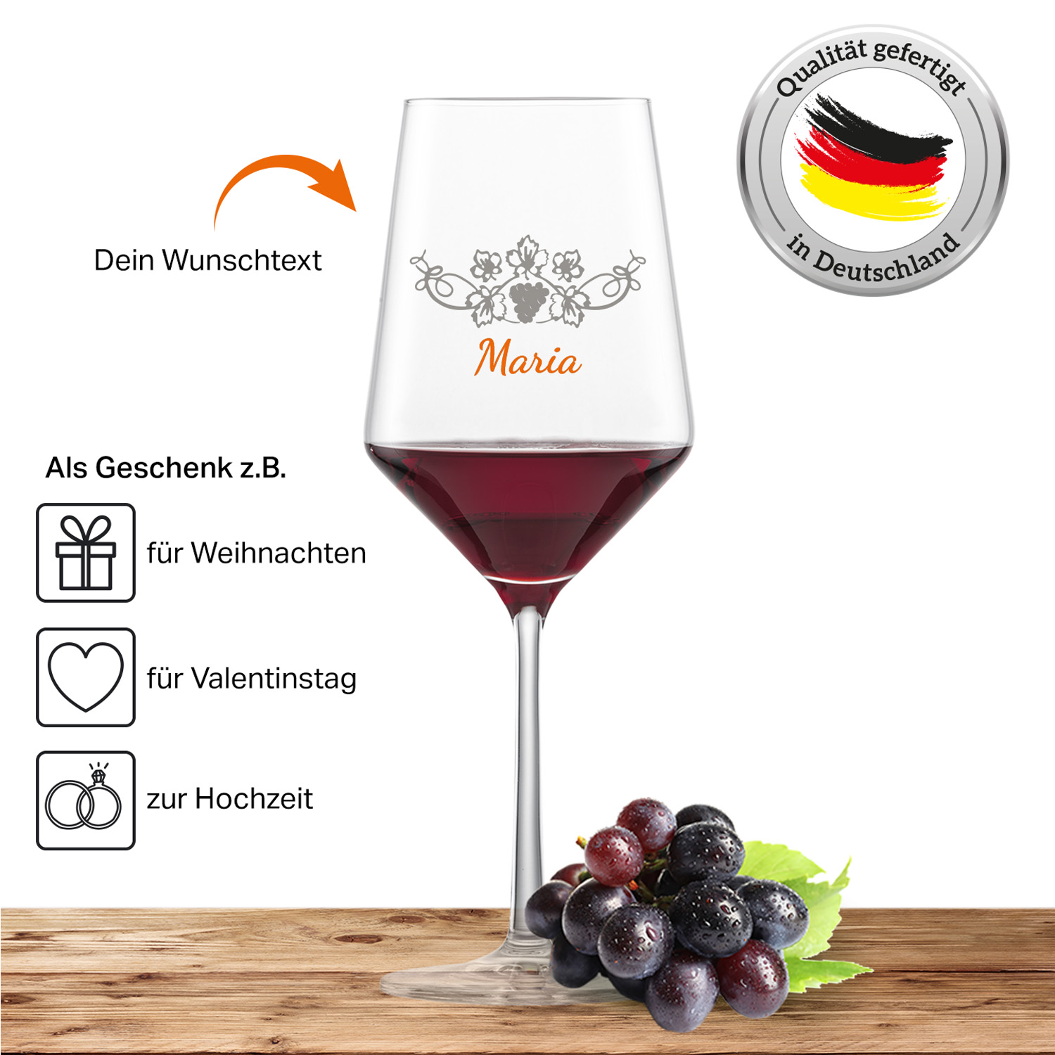 2x Schott Zwiesel Cabernet Rotweinglas PURE mit Namen oder Wunschtext graviert (Weinrebe)