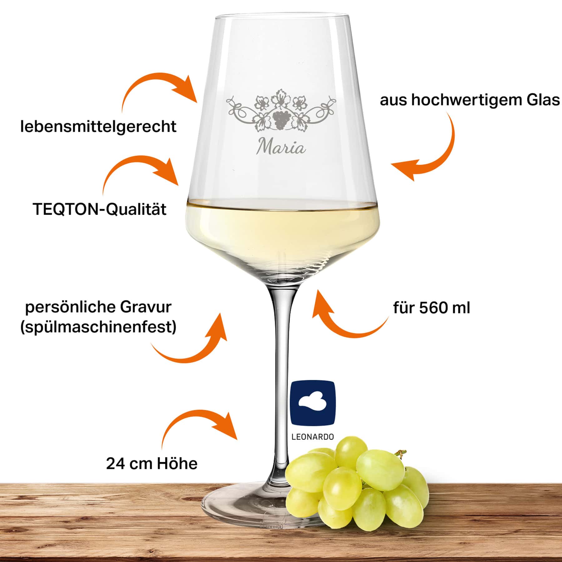 2x Leonardo Weißweinglas mit Namen oder Wunschtext graviert, 560ml, PUCCINI, personalisiertes Premium Weinglas in Gastroqualität, (Weinrebe)