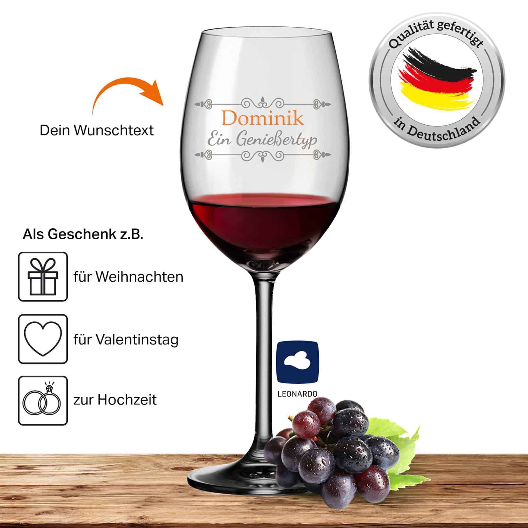2x Leonardo Rotweinglas mit Namen oder Wunschtext graviert, 460ml, DAILY, personalisiertes Premium Rotweinglas in Gastroqualität (Verzierung 01)