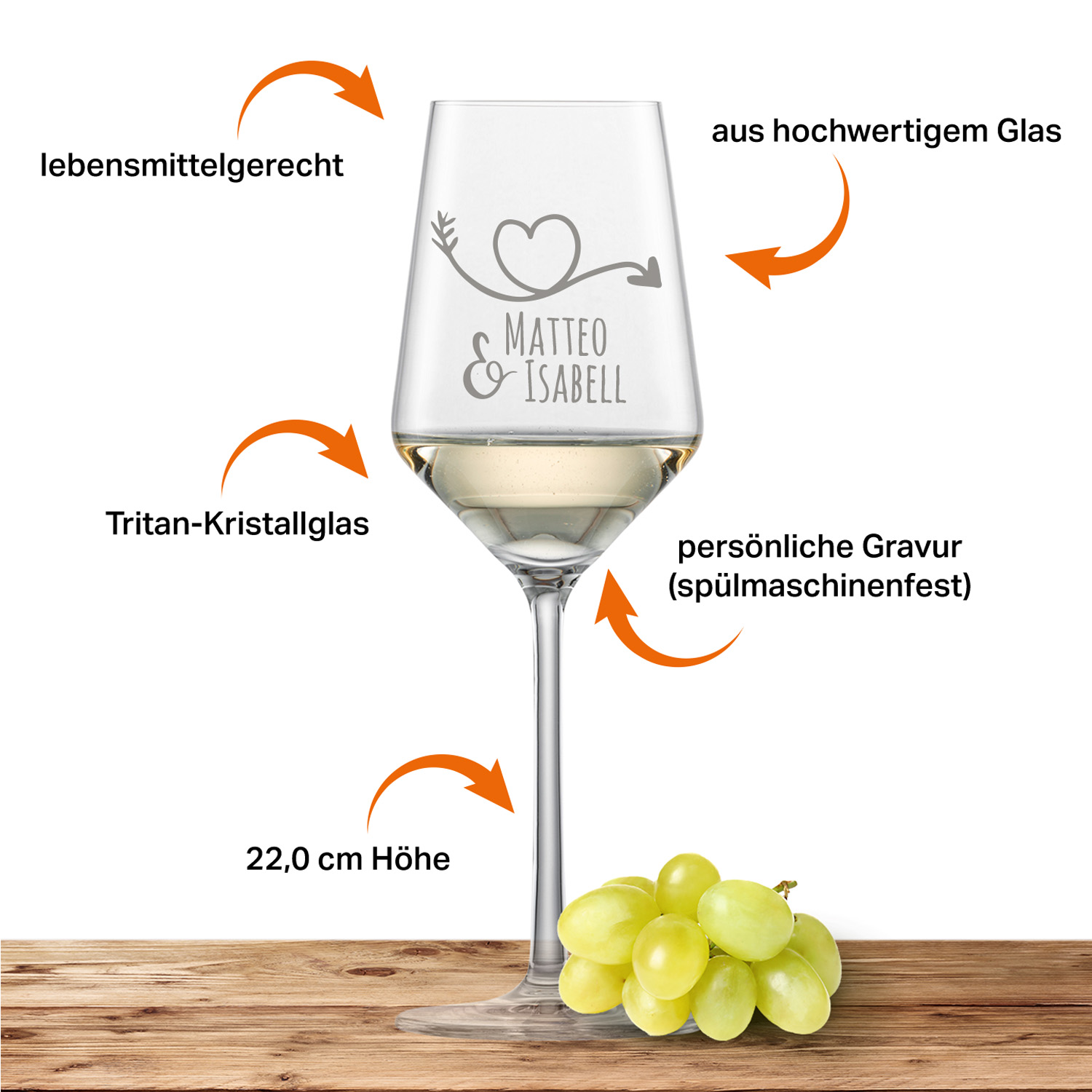 Schott Zwiesel Riesling Weißweinglas PURE mit Namen oder Wunschtext graviert (Herzpfeil)