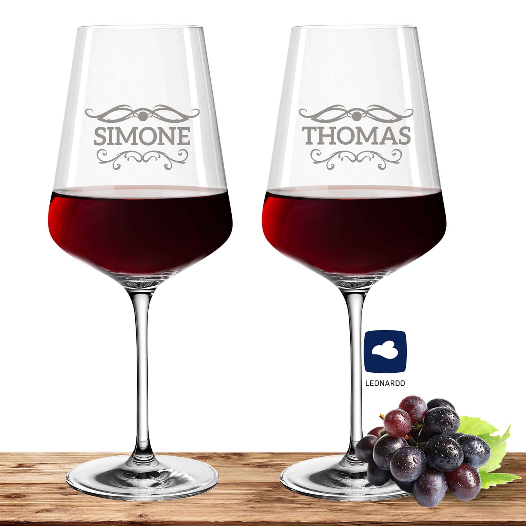 2x Leonardo Rotweinglas XL mit Namen oder Wunschtext graviert, 750ml, PUCCINI, personalisiertes Premium Weinglas in Gastroqualität, (Barock 01)