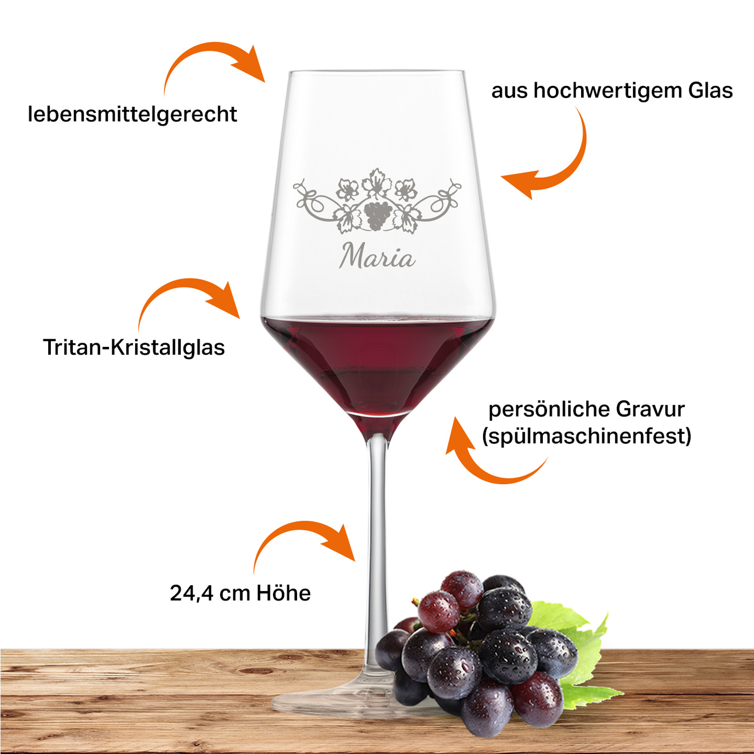 2x Schott Zwiesel Cabernet Rotweinglas PURE mit Namen oder Wunschtext graviert (Weinrebe)