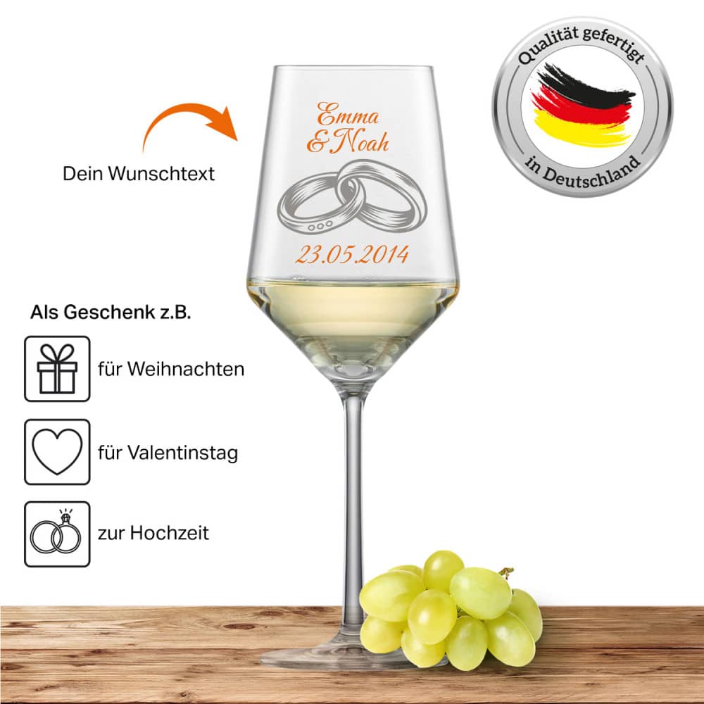 Schott Zwiesel Sauvignon Weißweinglas PURE mit Namen oder Wunschtext graviert (Ringe 01)