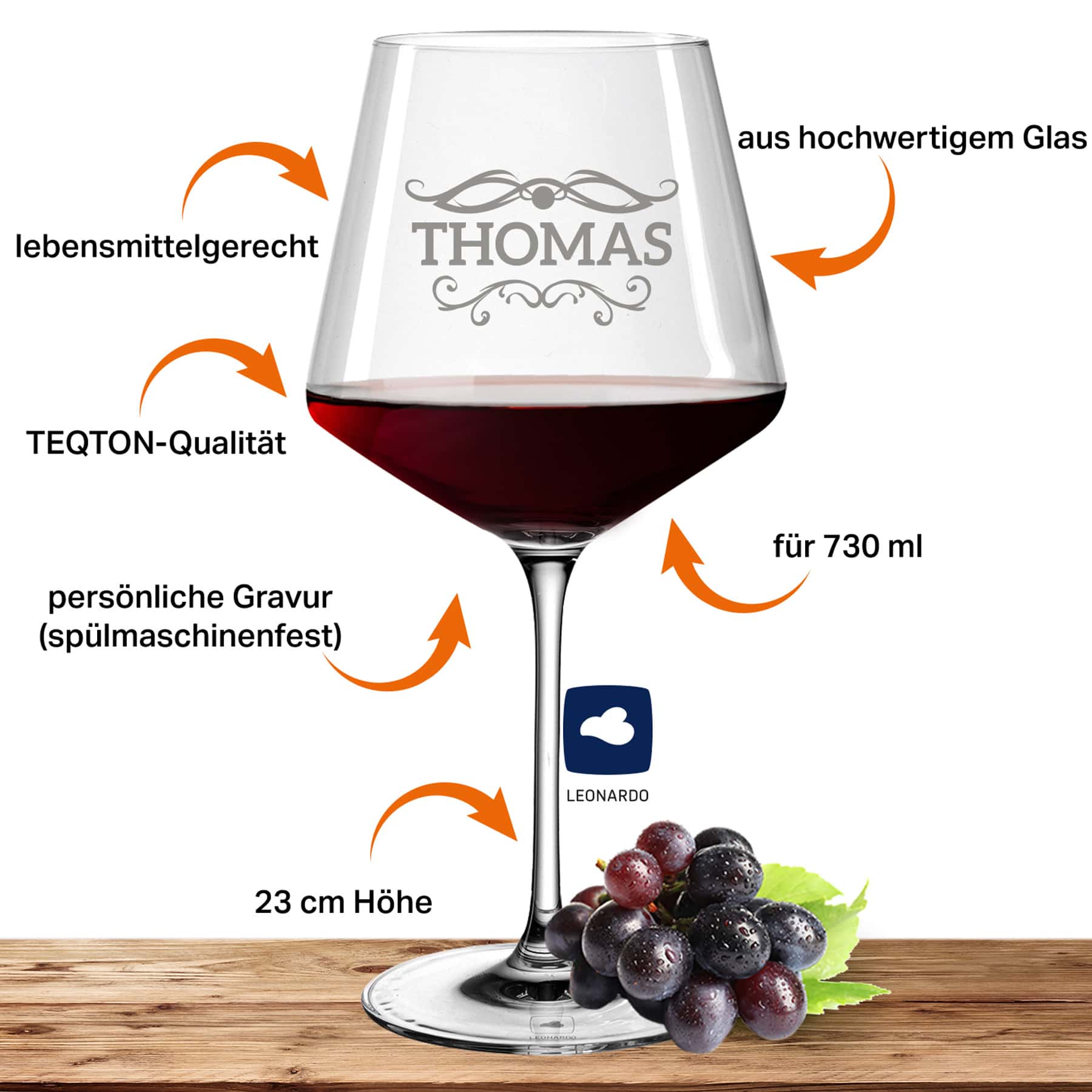 2x Leonardo Burgunderglas Rotweinglas XL mit Namen oder Wunschtext graviert, 730ml, PUCCINI, personalisiertes Premium Weinglas in Gastroqualität, (Barock 01)
