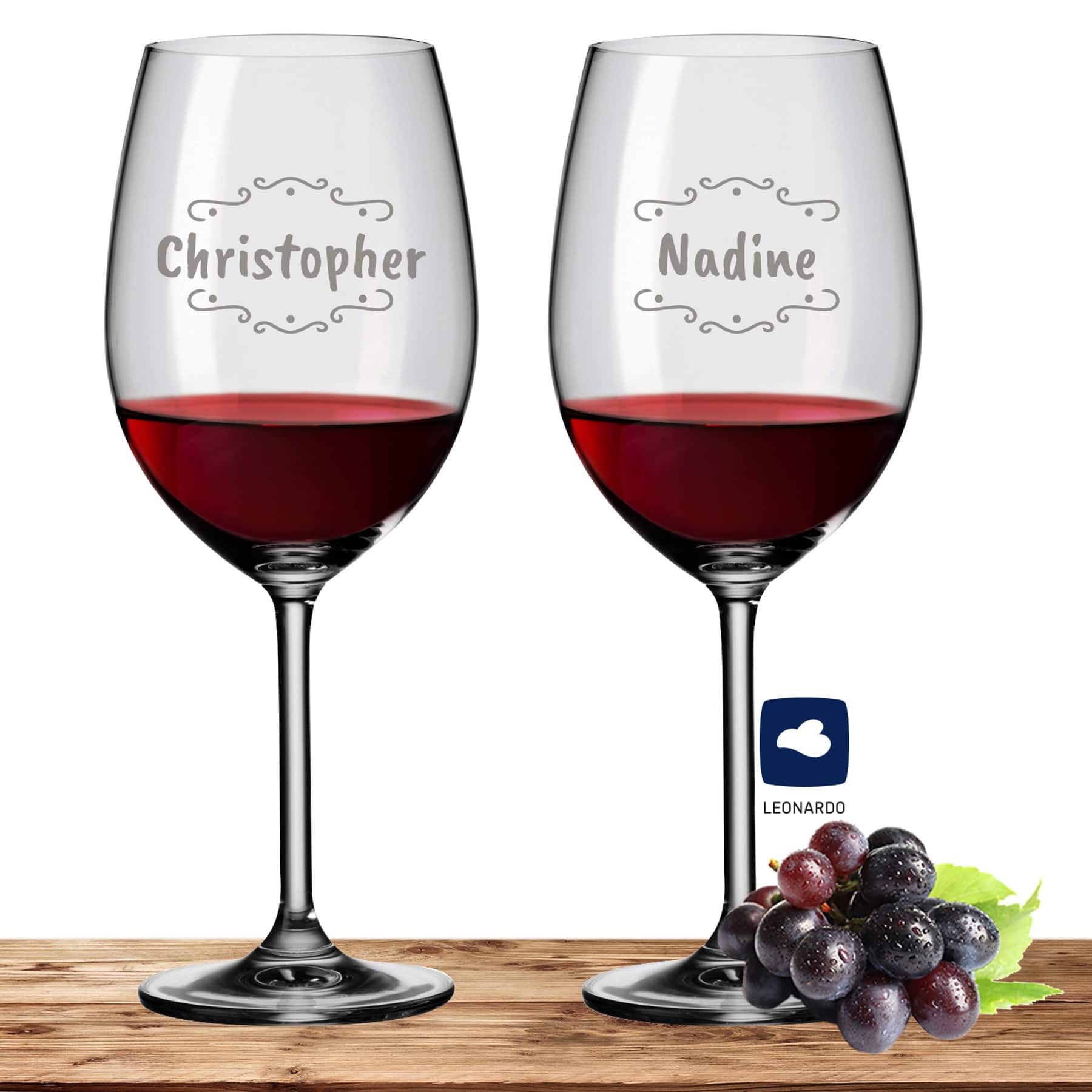 2x Leonardo Bordeauxglas Rotweinglas XL mit Namen oder Wunschtext graviert, 640ml, DAILY, personalisiertes Premium Bordeauxglas in Gastroqualität (Verzierung 02)