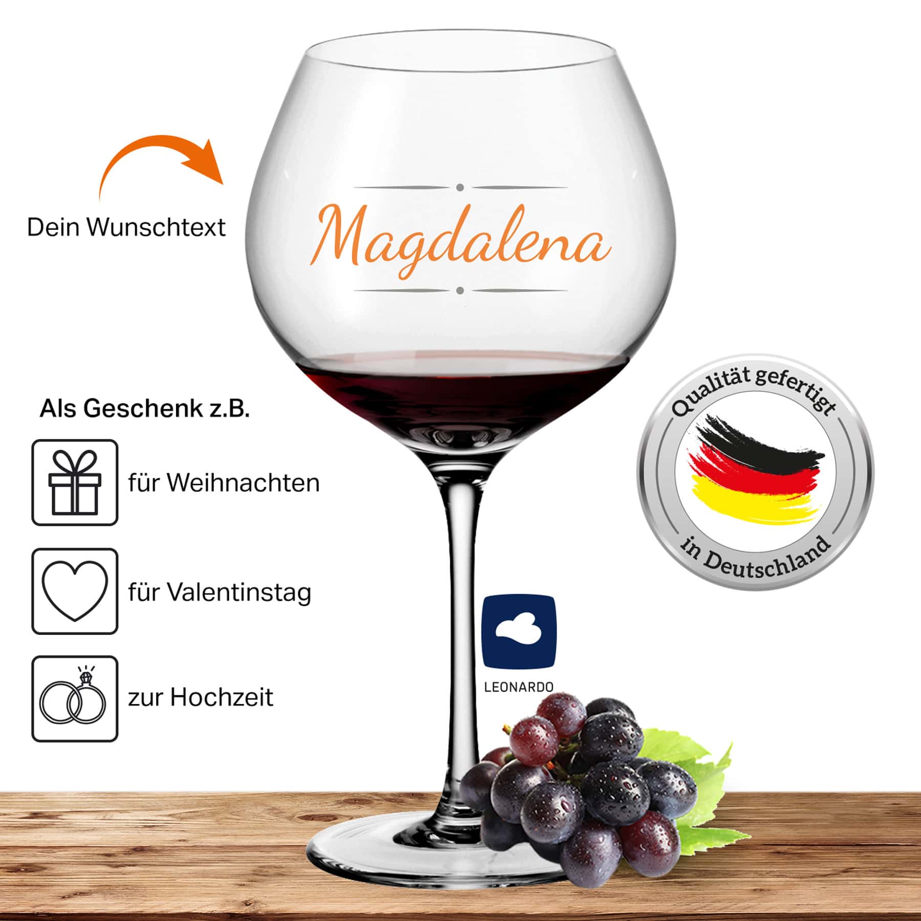 2x Leonardo Burgunderglas Rotweinglas XL mit Namen oder Wunschtext graviert, 630ml, CIAO+, personalisiertes Premium Burgunderglas in Gastroqualität (Verzierung 03)