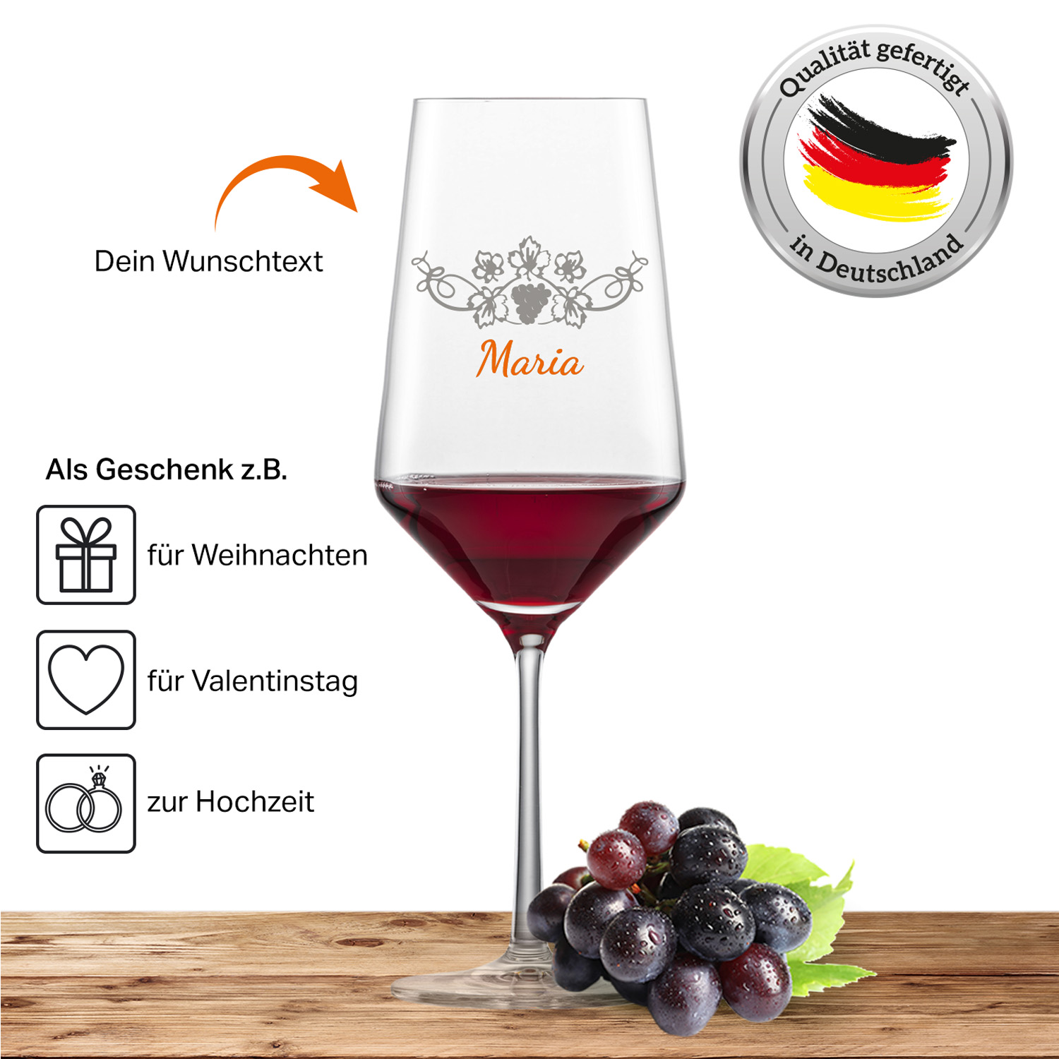 2x Schott Zwiesel Bordeaux Rotweinglas PURE mit Namen oder Wunschtext graviert (Weinrebe)