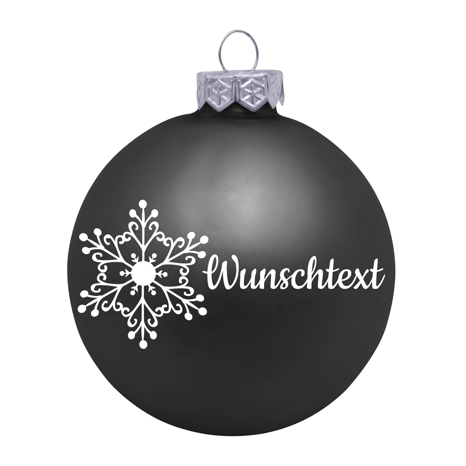 Weihnachtsbaumkugel aus Glas (matt) inklusive Wunschtextgravur & Schneeflocke in schwarz