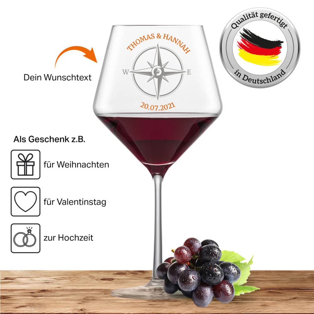 Schott Zwiesel Burgunderglas Rotweinglas PURE mit Namen oder Wunschtext graviert (Kompass)