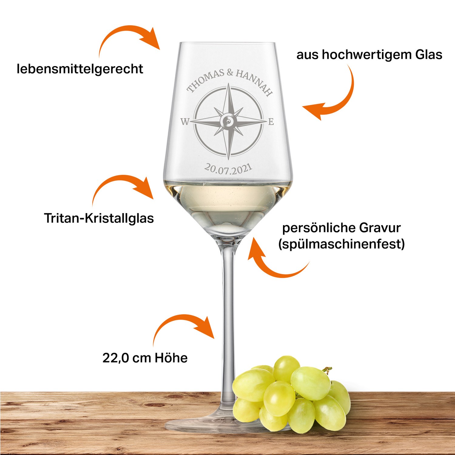 Schott Zwiesel Riesling Weißweinglas PURE mit Namen oder Wunschtext graviert (Kompass)