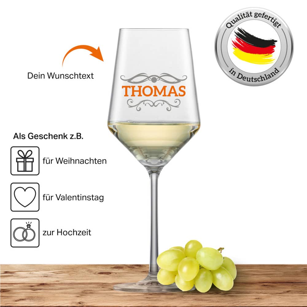 Schott Zwiesel Sauvignon Weißweinglas PURE mit Namen oder Wunschtext graviert (Barock 01)