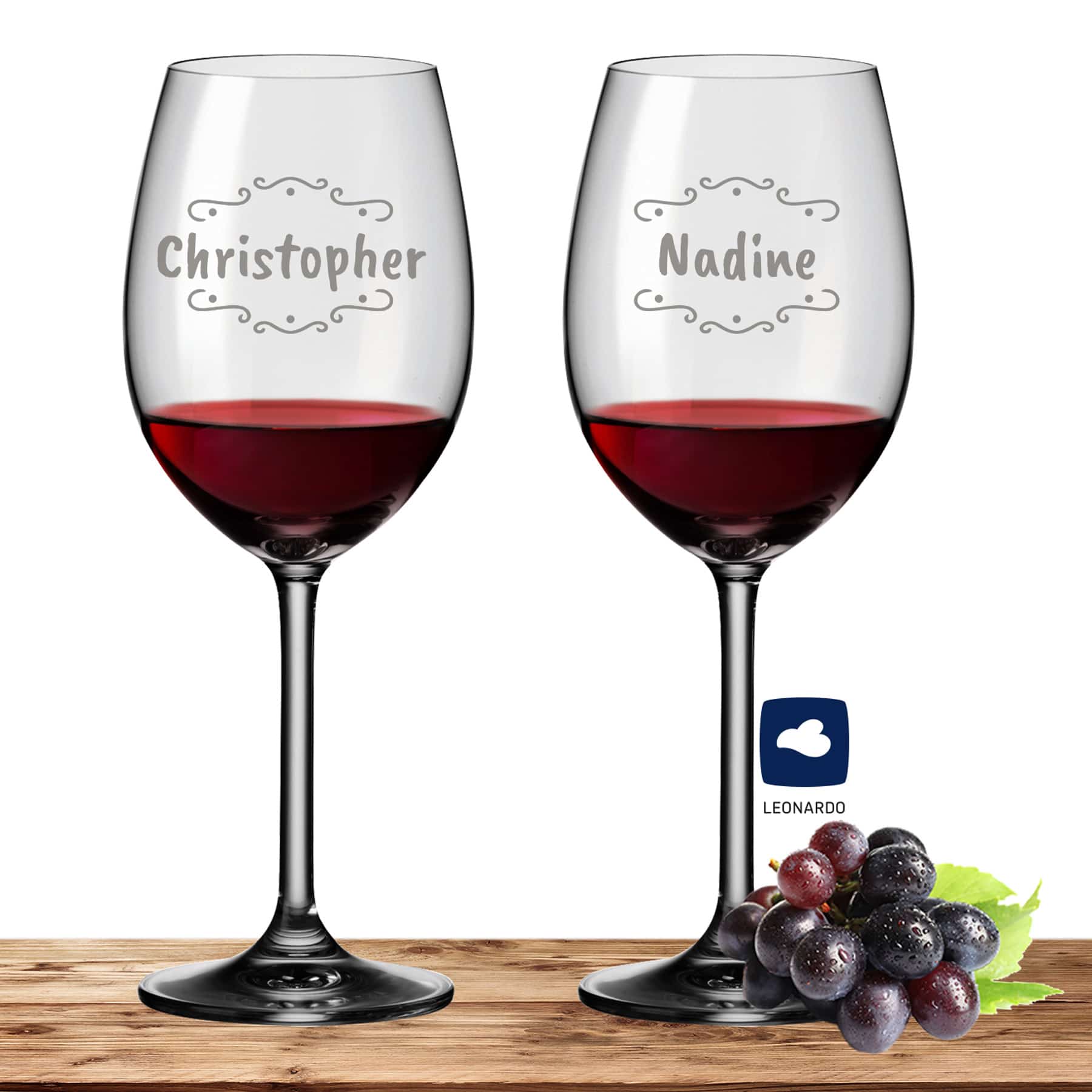 2x Leonardo Rotweinglas mit Namen oder Wunschtext graviert, 460ml, DAILY, personalisiertes Premium Rotweinglas in Gastroqualität (Verzierung 02)