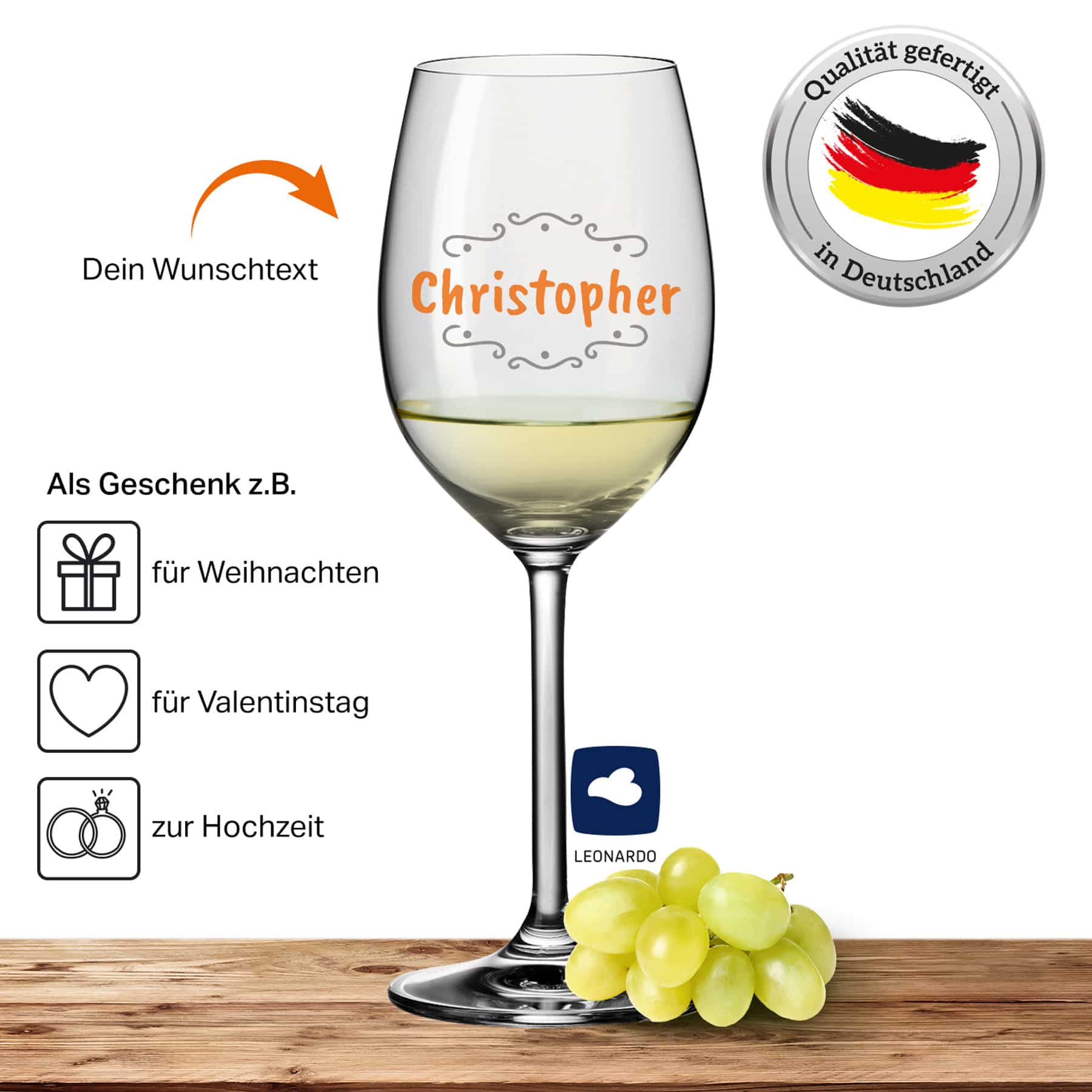 2x Leonardo Weißweinglas mit Namen oder Wunschtext graviert, 370ml, DAILY, personalisiertes Premium Weißweinglas in Gastroqualität (Verzierung 02)