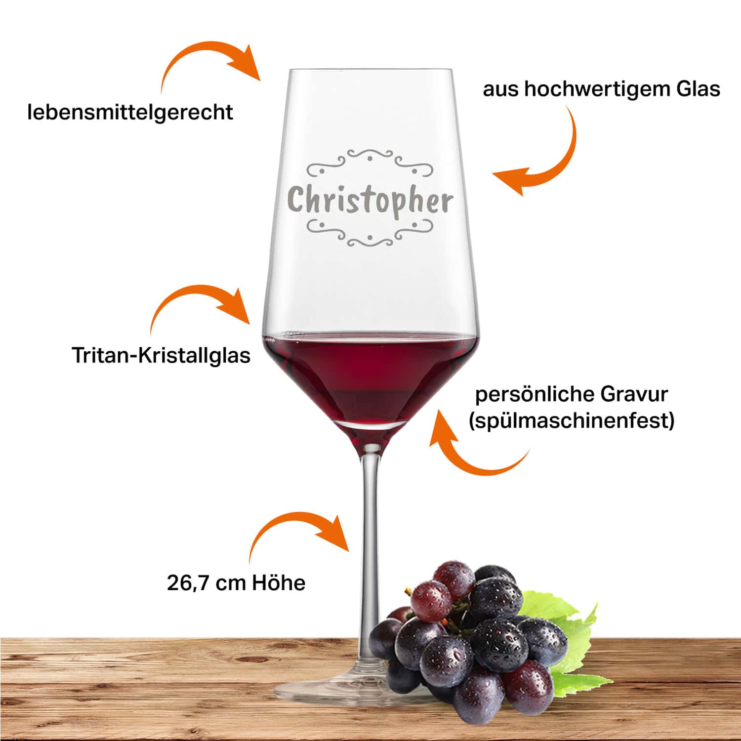 Schott Zwiesel Bordeaux Rotweinglas PURE mit Namen oder Wunschtext graviert (Verzierung 02)