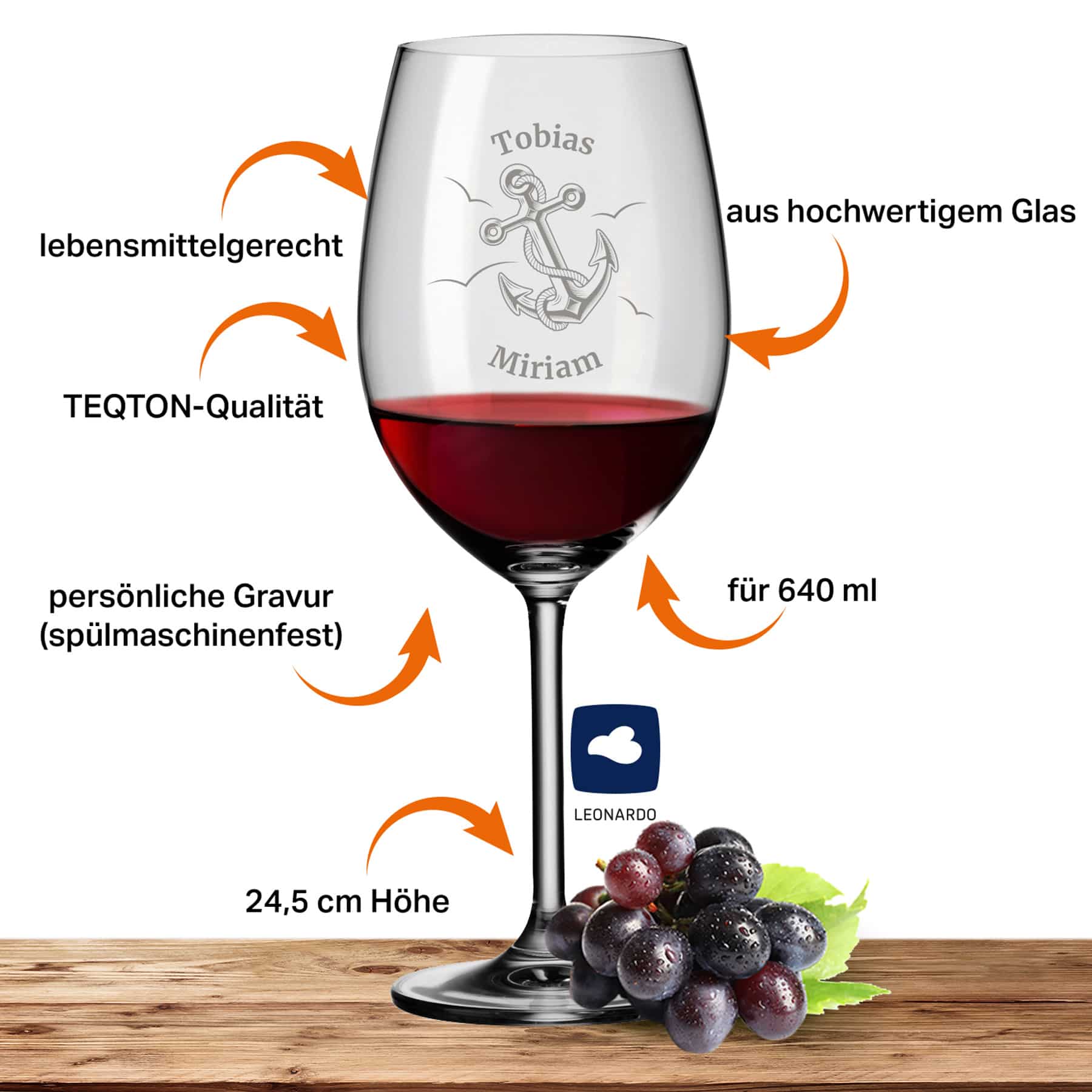 Leonardo Bordeauxglas Rotweinglas DAILY 640ml mit Namen oder Wunschtext graviert (Anker)